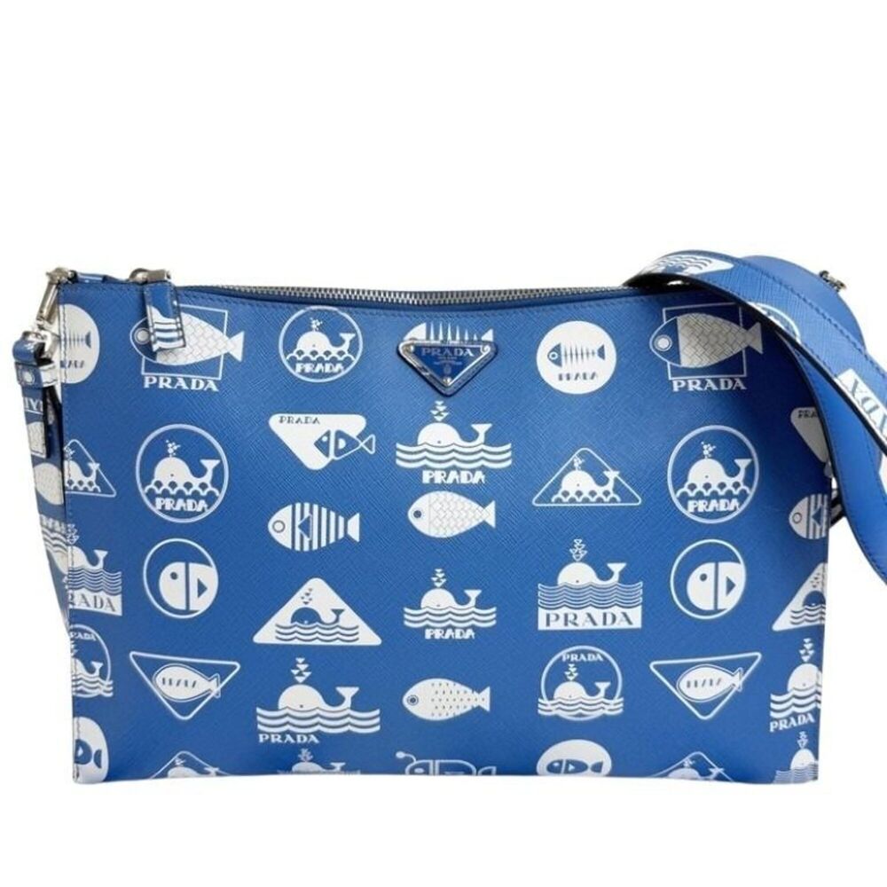 PRADA Shoulder Bag Triangle 2NH075 Blue White Saffiano Leather Women's Marine